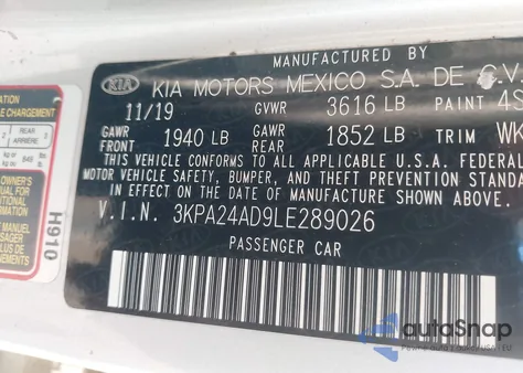 2020 Kia Rio S from USA, damaged, VIN 3KPA24AD9LE289026